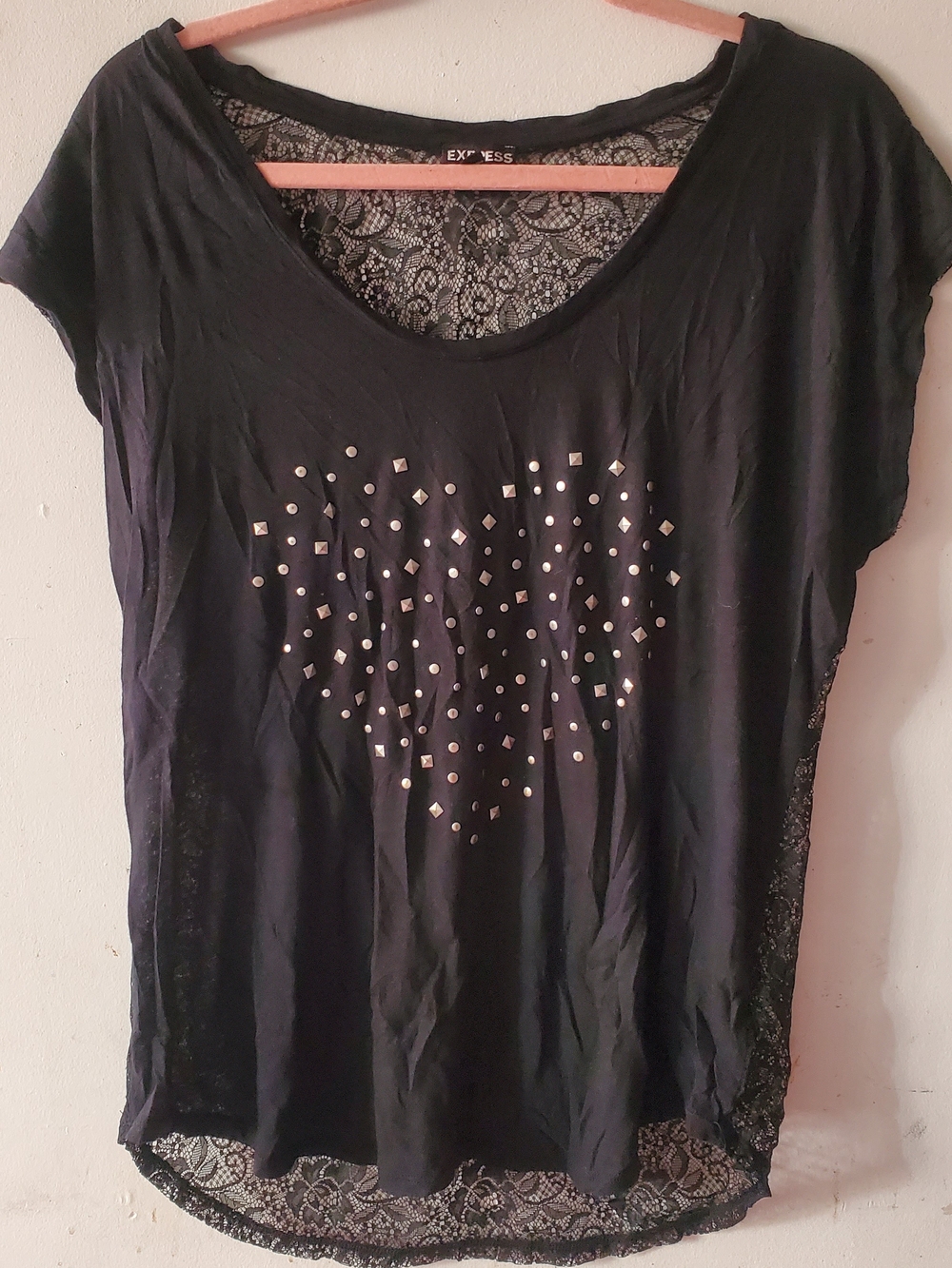 Express Black Short-Sleeve Tee with Stud Heart and Lace Back - Picture 3 of 8